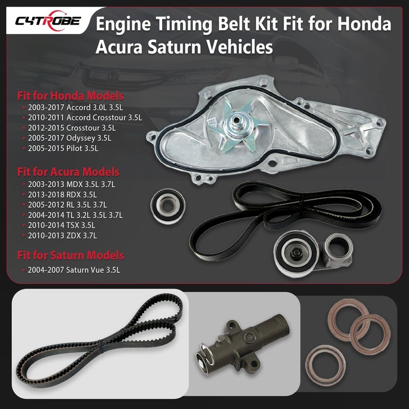CYTROBE TKH002 Timing Belt Kit with Water Pump Compatible with 03-18 Honda Accord Crosstour Pilot Odyssey Ridgeline, Acura MDX RDX RL TL TSX ZDX, Saturn Vue 3.0L 3.2L 3.5L 3.7L Replaces TCKWP329 19200-RDV-J01 - Image 2